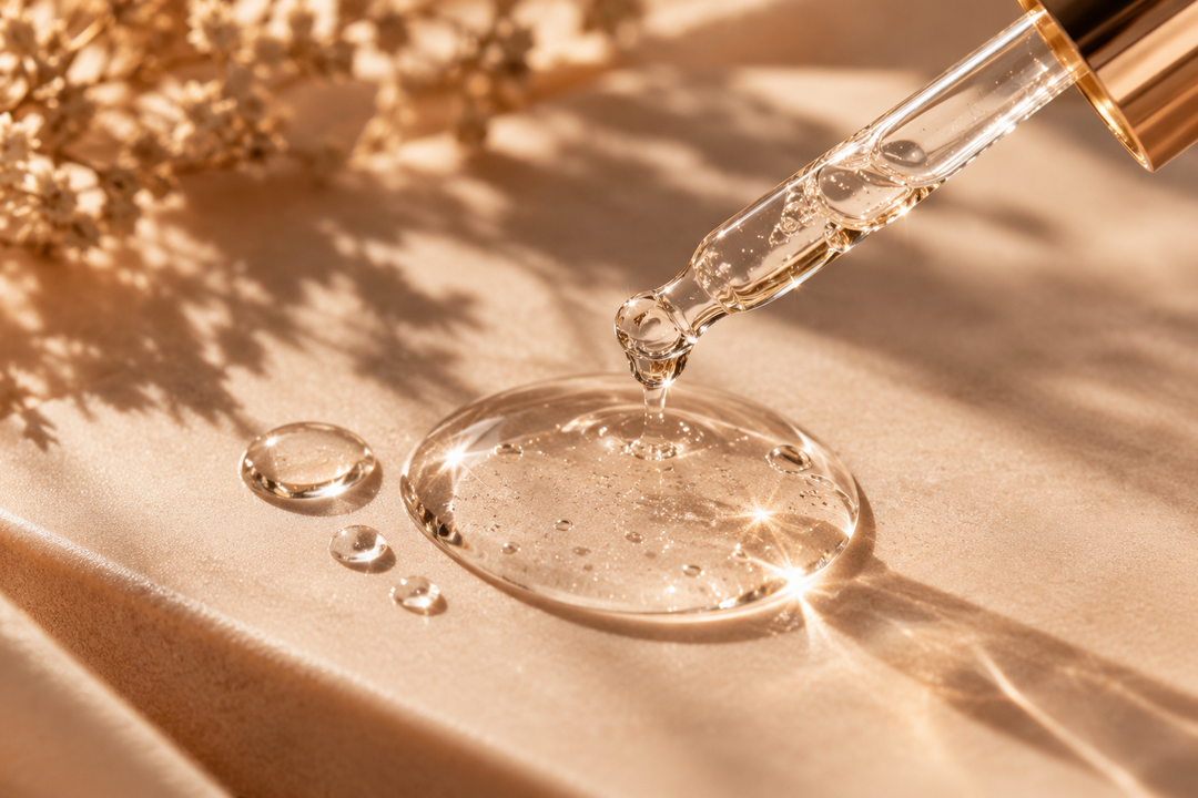 Clear Hyaluronic Acid serum droplets and hydrating gel textures representing the benefits of Hyaluronic Acid in PHNX Cosmetics skincare-inspired makeup.