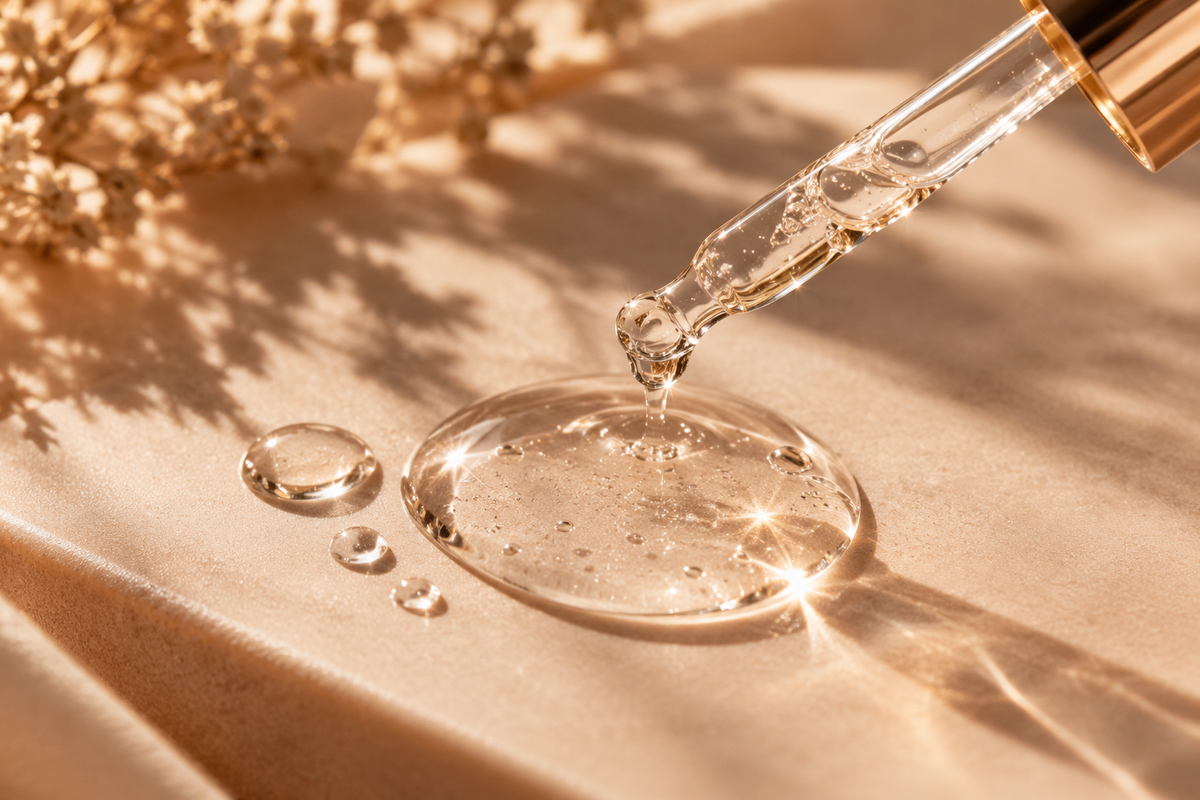 Clear Hyaluronic Acid serum droplets and hydrating gel textures representing the benefits of Hyaluronic Acid in PHNX Cosmetics skincare-inspired makeup.