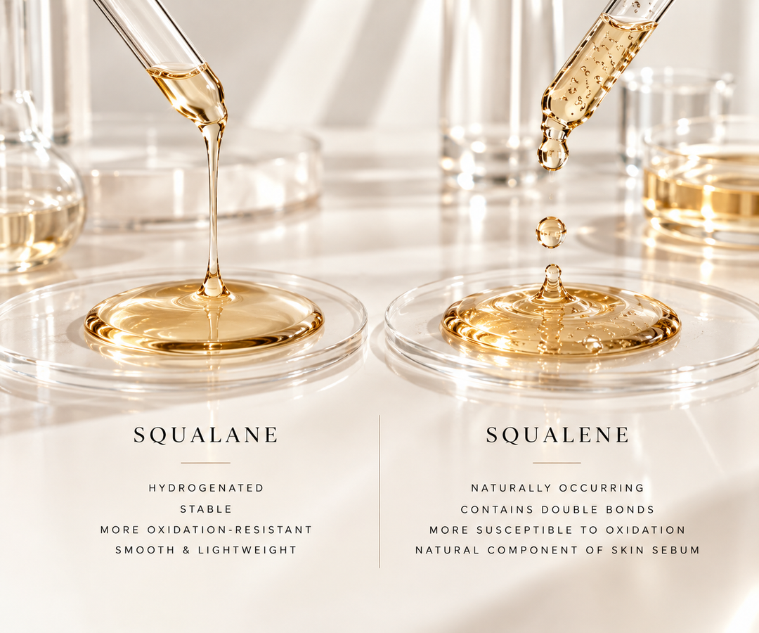Golden cosmetic oil droplets representing the difference between squalane and squalene in skincare and PHNX Cosmetics makeup formulations.