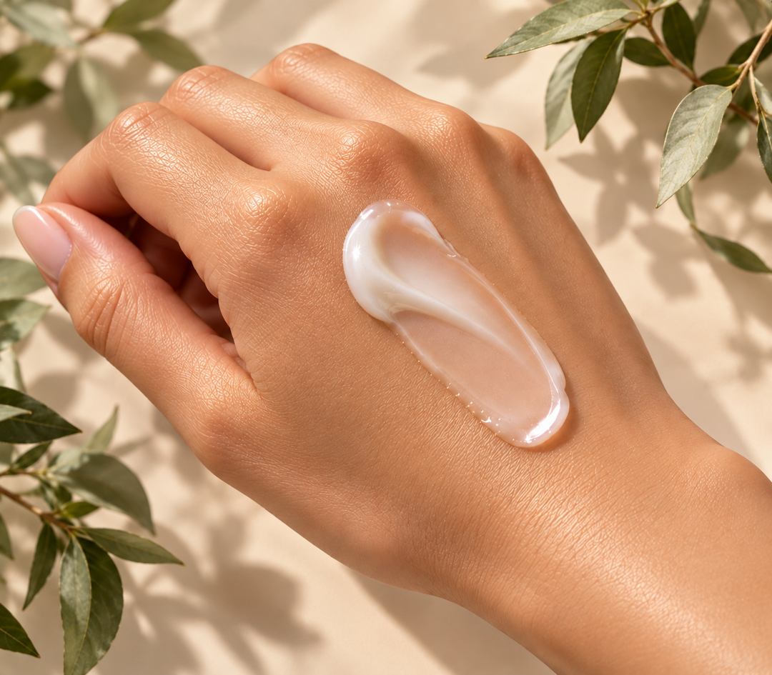  Close-up of a hand featuring a creamy swatch of a peptide-rich skincare formula, highlighting the smooth texture and skincare-inspired ingredients used in PHNX Cosmetics makeup.