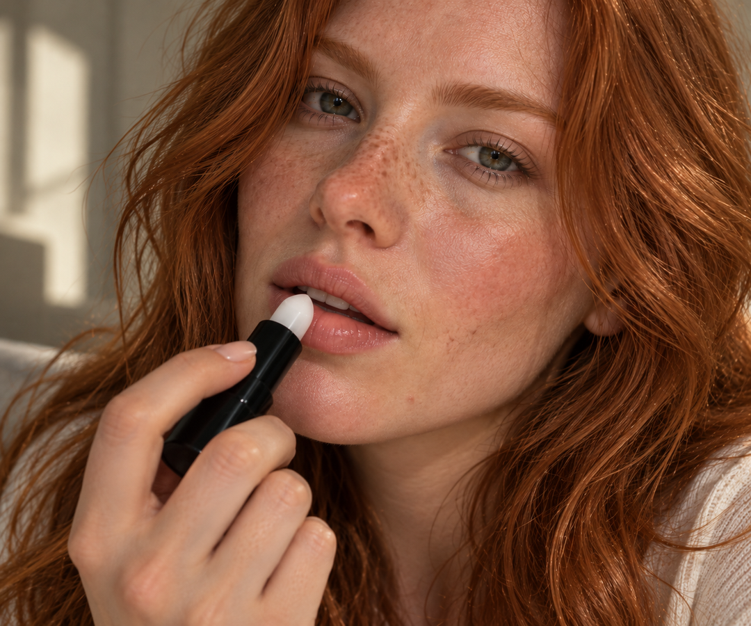 Close-up of a fair-skinned red-haired model with natural freckles applying PHNX Cosmetics Vitamin E Lipstick, featuring a creamy white lip balm in a sleek black tube for soft, moisturized lips.