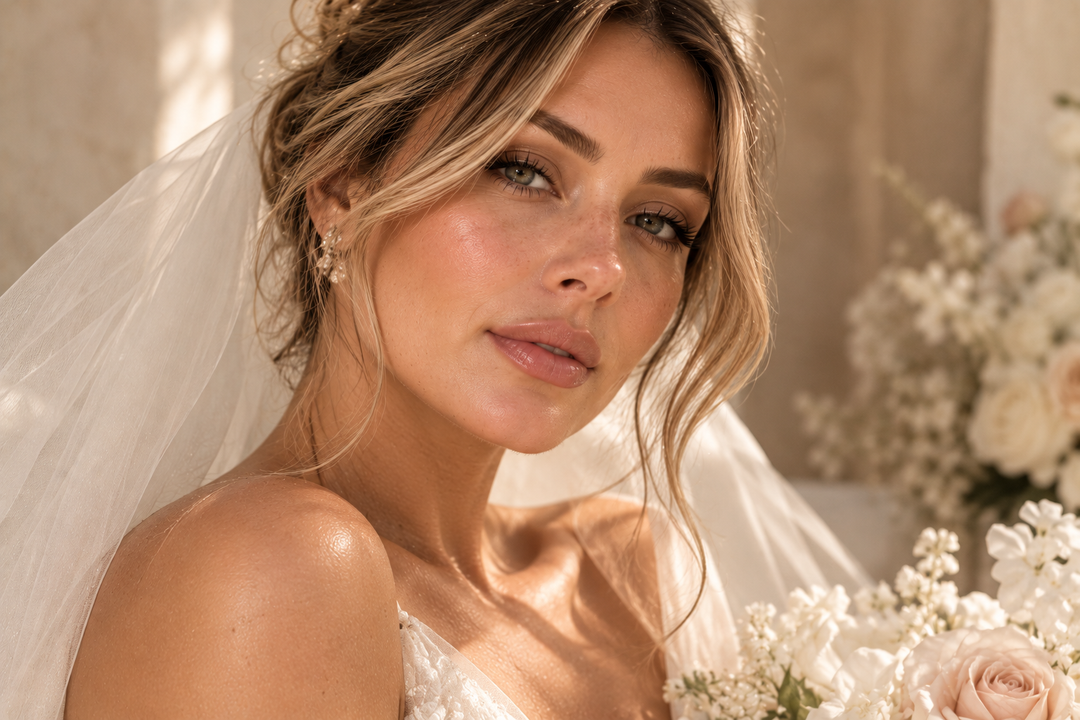 Bride wearing natural, glowing wedding makeup with soft neutral eyeshadow, defined lashes, and nude-pink lips inspired by PHNX Cosmetics bridal beauty essentials.