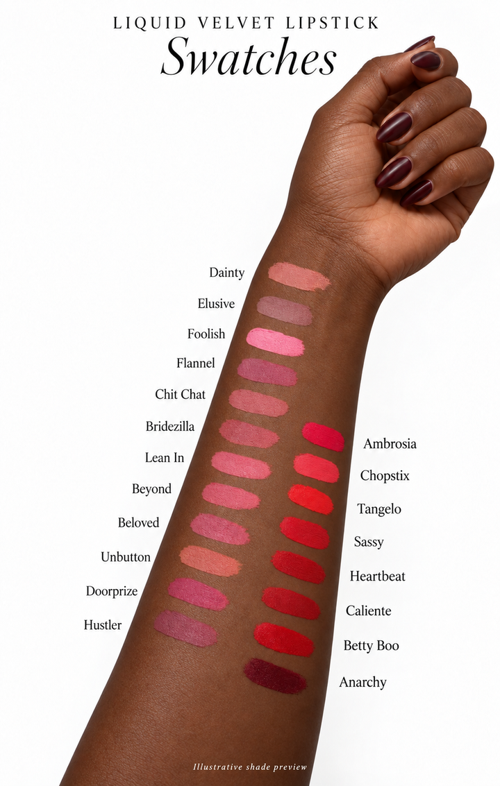 A vertical arm swatch chart for liquid velvet lipstick, showing multiple lipstick color swatches labeled with shade names such as Dainty, Elusive, Foolish, Flannel, Chit Chat, Bridezilla, Lean In, Beyond, Beloved, Unbutton, Doorprize, Hustler, Ambrosia, Chopstix, Tangelo, Sassy, Heartbeat, Caliente, Betty Boo, and Anarchy on a white background.