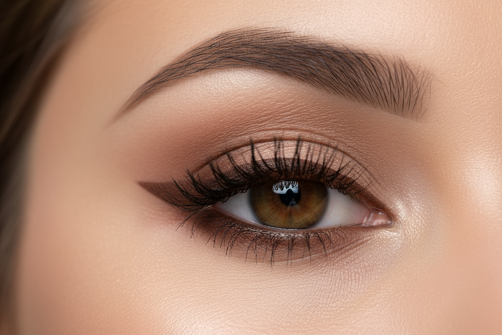 eye with winged liquid brown eyeliner look
