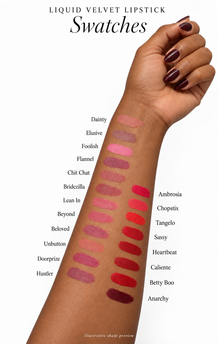 A hand and forearm display showing liquid velvet lipstick swatches with shade names printed next to each color on a white background.