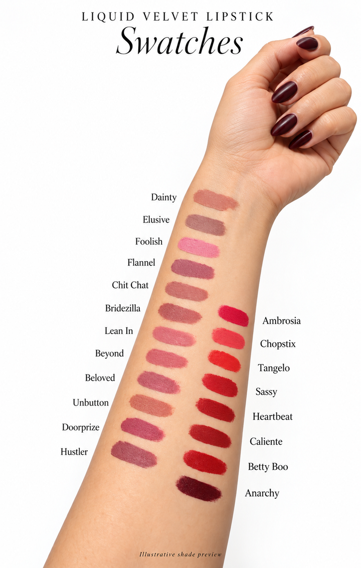 A hand and forearm display showing 20 liquid lipstick swatches labeled with shade names, under the heading 'LIQUID VELVET LIPSTICK Swatches' on a white background.